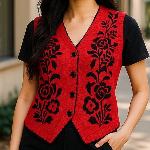Vintage Sweaters - Vintage Arriviste Floral Embroidered & Crochet Buttons Scandinavian Design SZ MD